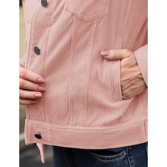Women Light Pink Corduroy Cropped Shacket Button Down Long Sleeve Casual Coat - Picture 5 of 6